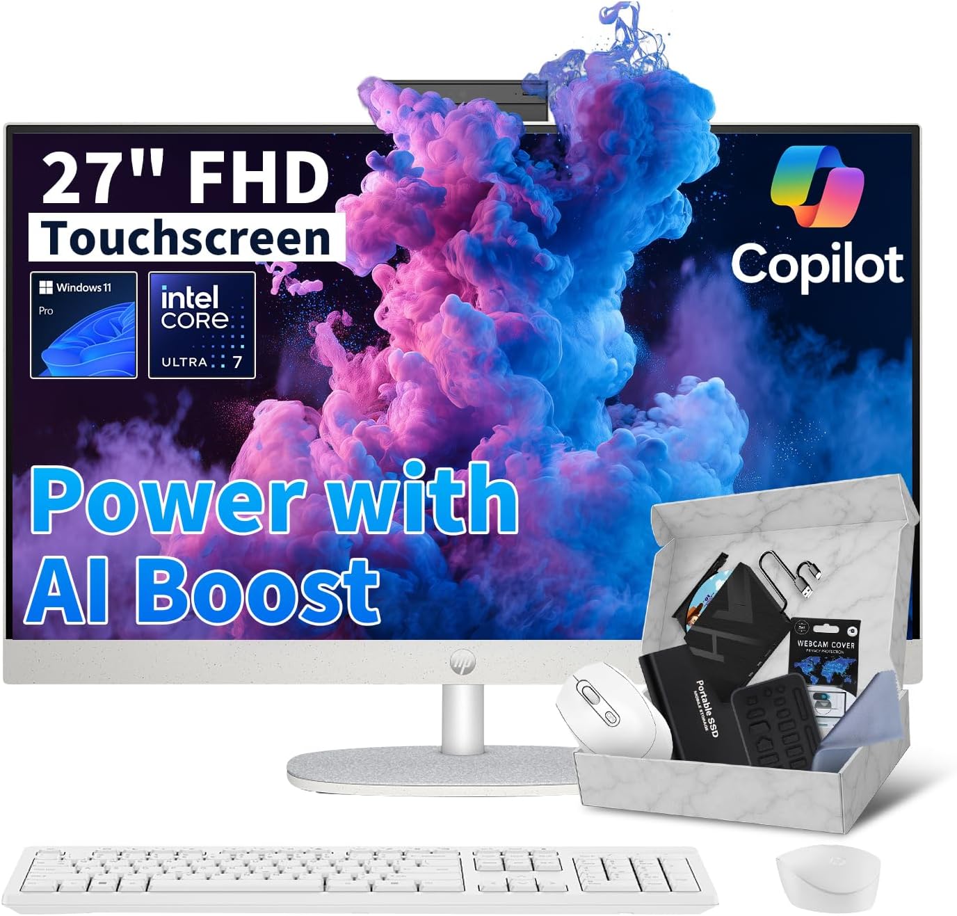 HP 27" All-in-One Desktop Computer - FHD Touchscreen | Intel Ultra 7‑155U | AI‑Enhanced Display, Facial Login | Privacy Pop‑Up Camera | Win 11 Pro, w/Accessories | 32GB DDR5 + 1TB SSD