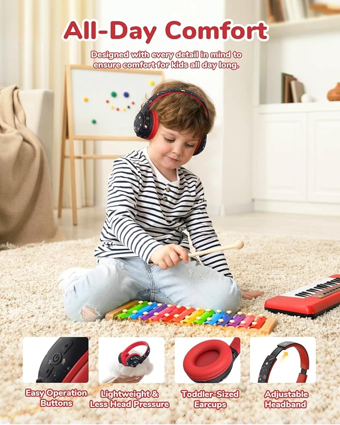 iClever BTH27 Toddler Headphones for 2+ Year Old-CPC Certified, 75/80dBA Safe Volume Limited, 74H Playtime, Bluetooth 5.4, BPA Free, Kids Bluetooth Headphones Aux Cord for Travel iPad, Black