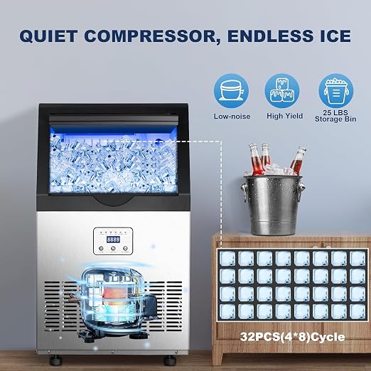 90LBS/24H Commercial Ice Maker Machine, Undercounter or Freestanding Stainless Steel Ice Machine with 25LBS Storage, 32 Cubes/Cycle, Self-Cleaning & Quiet Operation for Home, Bar, Restaurant