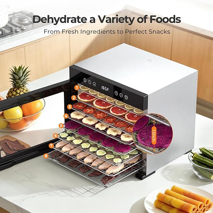 OSTBA Food Dehydrator, 8 Stainless Steel Trays, 95–165℉ Adjustable Temperature, 48h Digital Timer, Double-Layer Food Dryer for Fruit, Vegetable, Jerky, Herb, 650W Home & Commercial Use