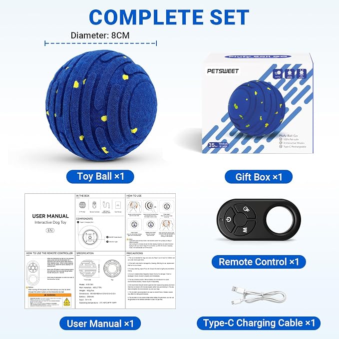 Smart Interactive Dog Toy with Remote Control, E-TPU Toy Ball for Aggressive Chewers, Automatic Moving, IPX6 Waterproof, Rechargeable Rolling Ball for Small/Medium/Large Dogs, BLU&YLW