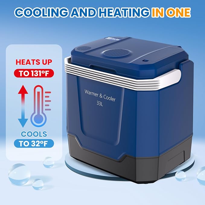 Garvee 35 Quart (33 l) Electric Cooler & Warmer, Portable Car Refrigerator with Automatic Locking Handle, 12V Car Cooler for Vehicle & Trucks, 110V AC Home Power Cord, Plug in Coolers. Blue