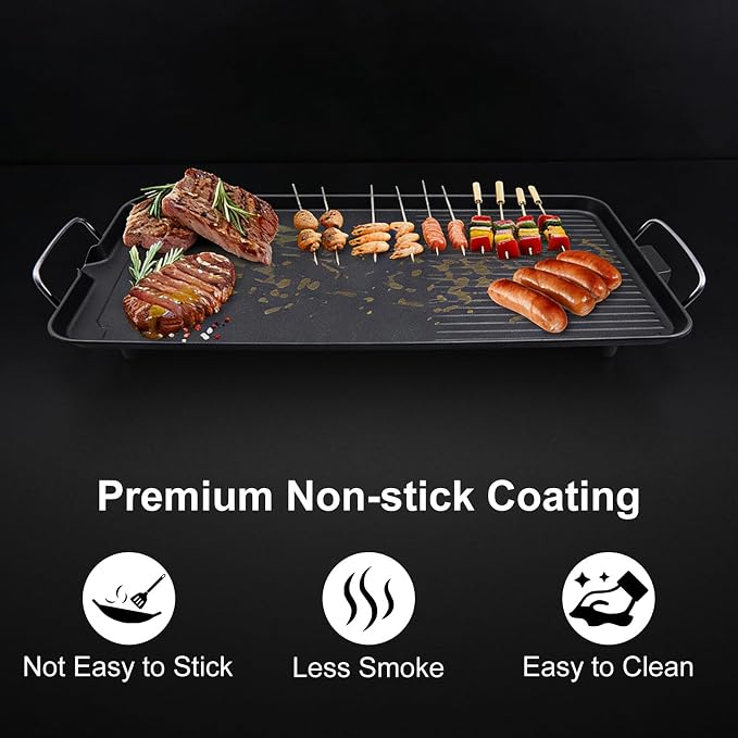 Electric Griddle & Flat Grill with Nonstick Large Cooking Surface and Removable Probe 11" x 26", 32-482℉(Five Gears Adjust)