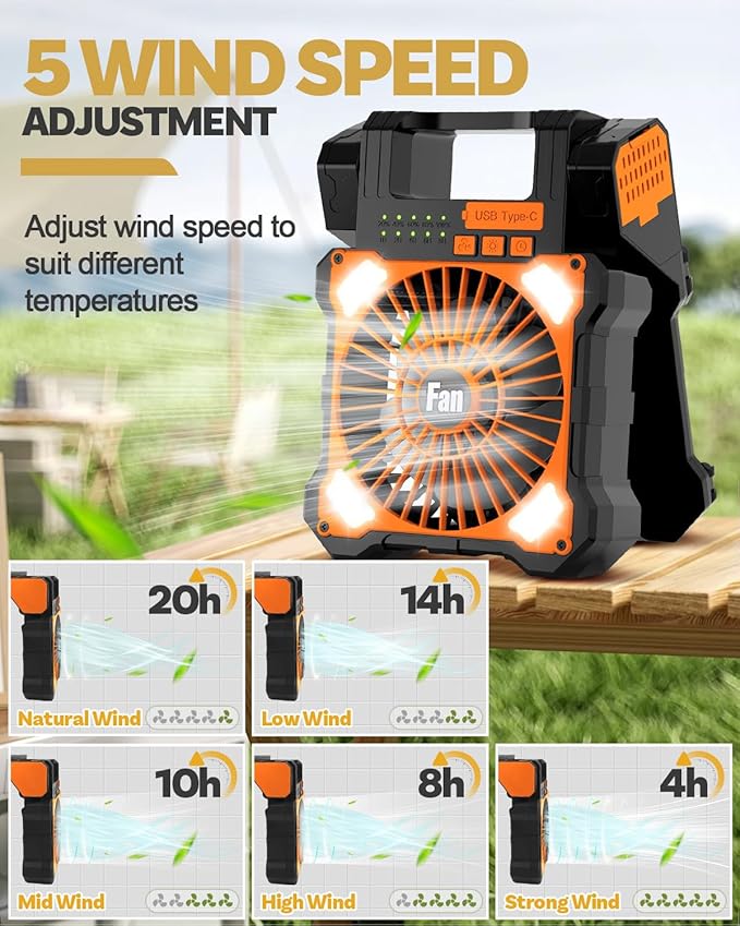 22000mAh Camping Solar Fan, Dual-Panel Rechargeable Solar Powered Fan with LED Light, 5 Adjustable Speeds Battery Powered Portable Fans, USB-C Fans for Travel Tent Home Camping Accessories