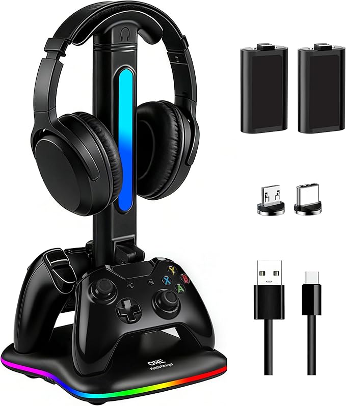 Controller Charger with RGB Headphone Stand & 2X6660mWh Battery Packs for Xbox Series X/S/One/One S/X, XSX Controller Charger Station, Headset and Controllers Stand Holder
