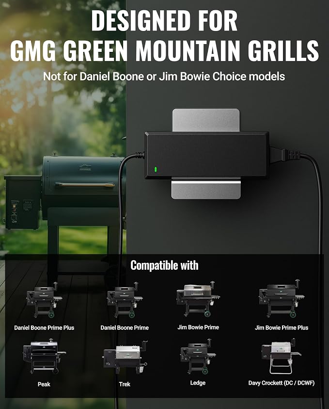 12V 10A Power Supply for Green Mountain Grill Davy Crockett, Daniel Boone Prime/Plus, Jim Bowie Prime/Plus, Ledge, Peak, Trek, 33Ft Power Adapter Replacement for All 12V GMG Pellet Grills