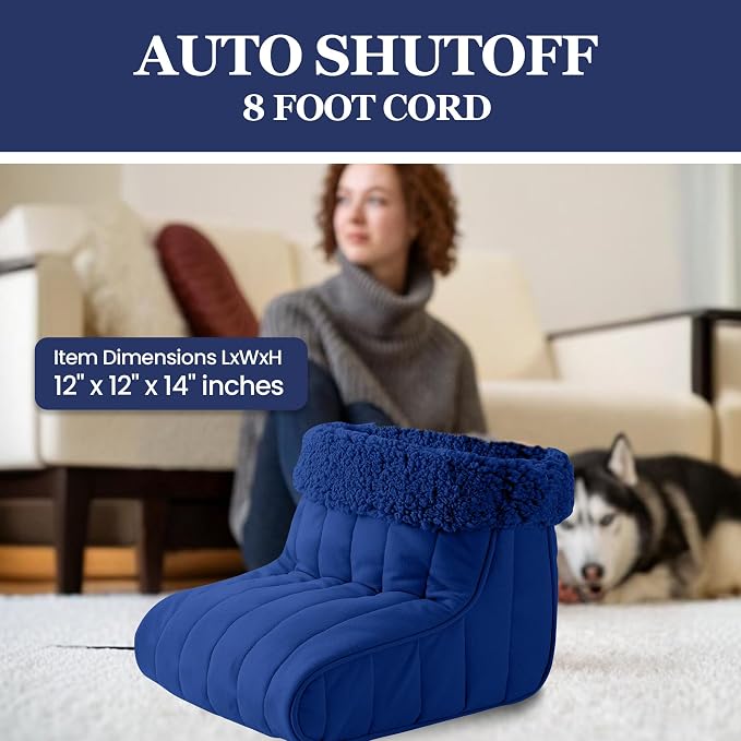 Thermee Micro Flannel Heated Foot Warmer, Sherpa Fleece, 2-Hour Safety Shut-Off, Electric Foot Heater for Women & Men, Foot Warmers for Feet, Heated Slippers, Under Desk Foot Warmer-Sapphire