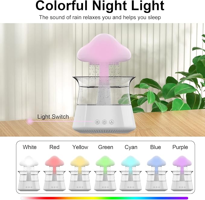cjc Cloud Rain Humidifier for bedroom with Soothing Rain Sounds Sleep Aid, Waterfall Night Light, Mushroom Design Air Moisturizer，Room Decor Aesthetic for living room (White)