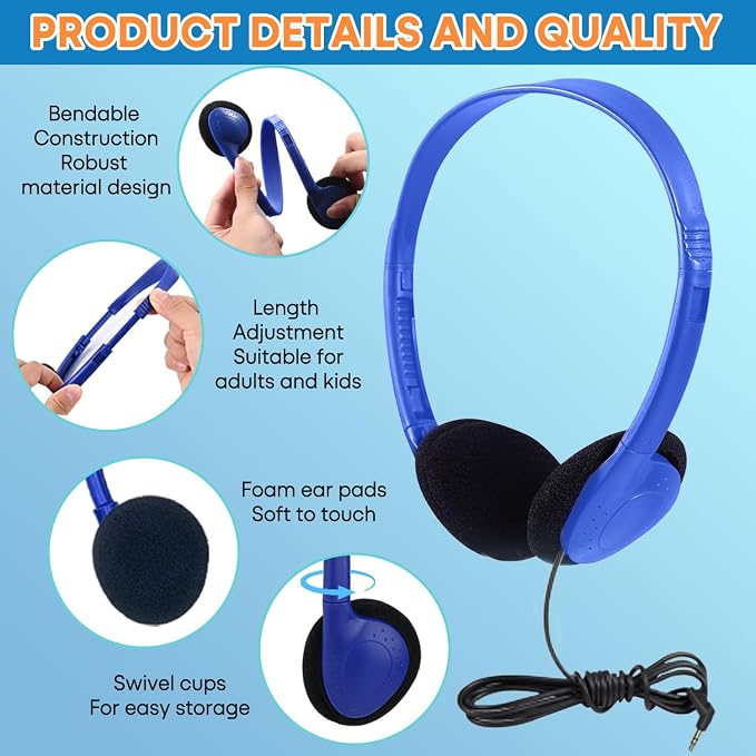 Bulk Earbud Headphones 50 Pack for School Classroom Kids, Wholesale Wired Durable Earphones Class Set for Students Children Toddler Teens Boys Girls and Adult (HY857,50 Blue)