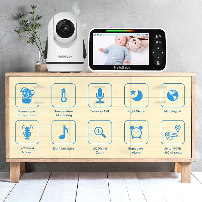 HelloBaby 5 Inch Video Baby Monitor with Camera and Audio, Remote Pan-Tilt-Zoom Camera with Night Vision, 2-Way Talk, Temperature, 8 Lullabies and 1000ft Range Baby Monitor No WiFi Needed