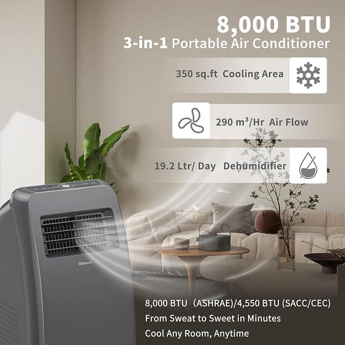 Shinco 8,000 BTU Grey Portable Air Conditioner - 3-in-1 Cool/Dehumidifier/Fan for Rooms Up to 350 sq.ft, Remote Control & 24H Timer, Compact AC Unit for Bedroom/Office