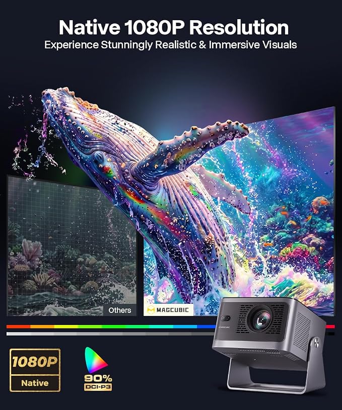 Magcubic Mini Projector with WiFi and Bluetooth, 600ANSI Native 1080P Projector, Compatible with Netflix, Auto Focus & Vertical Keystone, 15W Speaker HY350NTV Smart Proyector for Movie Home Outdoor