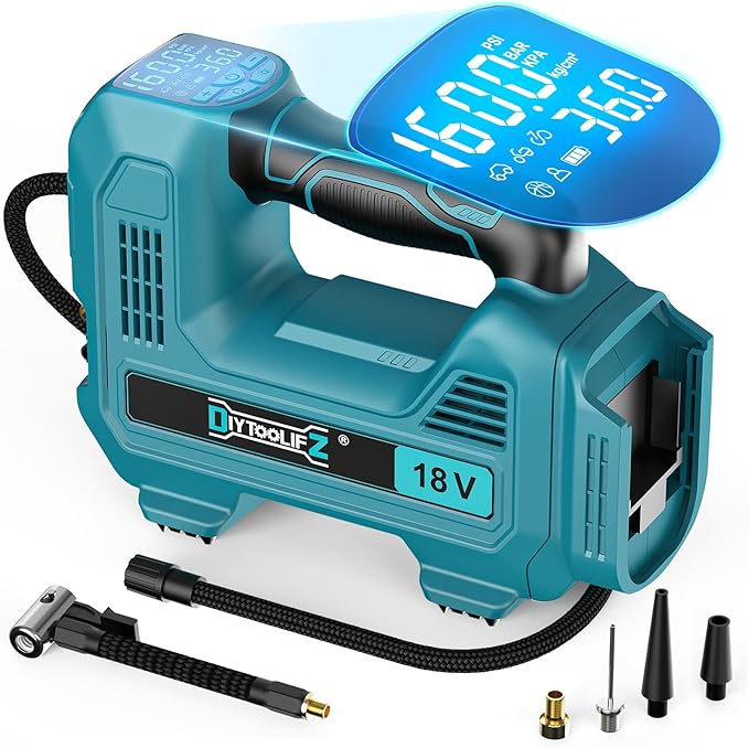DIYtoolifz 160PSI Cordless Tire Inflator Compatible with Makita 18V Air Compressor, Portable Air Pump Automatic Shut Off, LED Light, Digital Pressure Gauge for Cars Motorcycles Bike Ball (Tool Only)