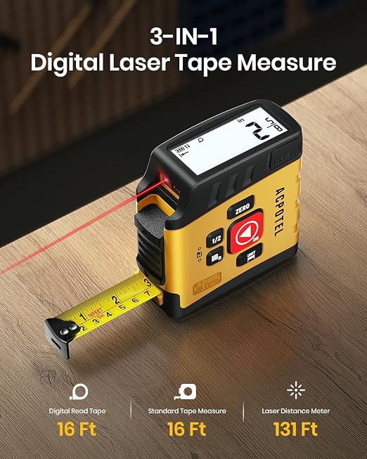 3-in-1 Digital Tape Measure with Laser, 165Ft Laser Tape Measure & 16Ft Digital Measuring Tape, 8 Metric and Imperial Units, Distance Area Volume 1/2 midpoint, Laser Measure Tool, Almighty Tools, APP