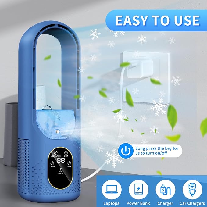 Desk Fan Bladeless - 6-Speed Portable Air Conditioner Fan - 3-in-1 Personal Cooling Fan -Small AC Unit With 200ml Water Tank/1-6H Timer/USB Powered Evaporative Air Cooler Table Fan for Bedroom Office