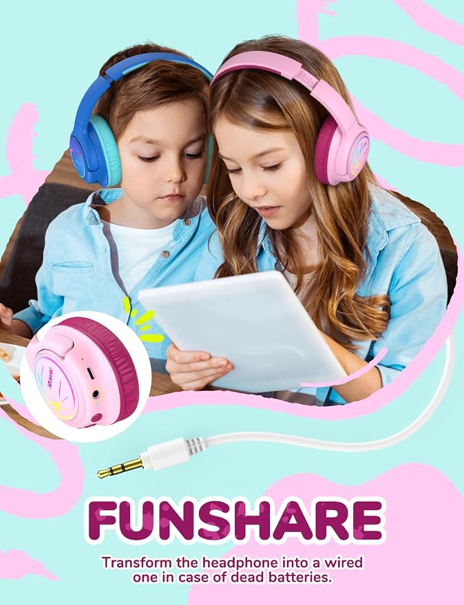 iClever Kids Bluetooth Headphones with LED Lights, BTH18 Safe Volume 74/85dBA, 43H Playtime, Bluetooth5.3 Kids Headphones Wireless Aux Cord for iPad/Tablet/Travel/School, Blossom Pink