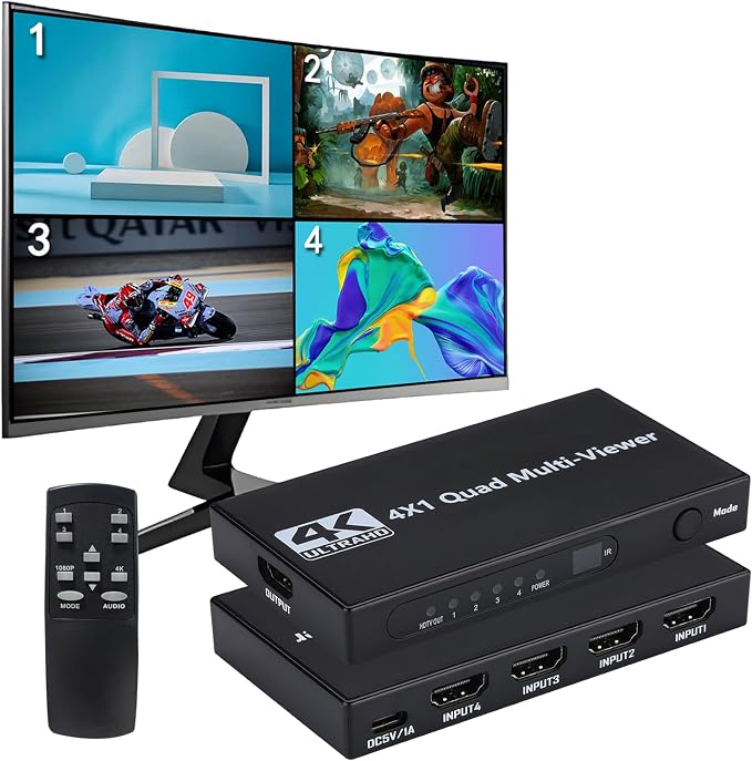 HDMI Multiviewer Switch 4x1, HDMI Quad Multi-Viewer 4 in 1 Out switcher with IR Remote, Support 4K@30Hz 1080P@60Hz and 12 Display Modes for Security Camera, Gaming Consoles