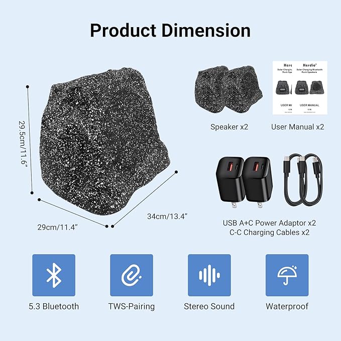 Herdio 8" Rock Bluetooth Speakers Outdoor Waterproof IPX7 Wireless Solar Max 240 Watt, TWS Connection Powered with Rechargeable Battery for Garden Patio Deck Pool Backyard（Black，1Pair）