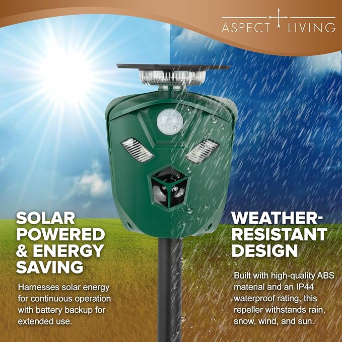 Solar & USB Powered Ultrasonic Animal Repeller, 360° Outdoor Motion-Activated Deterrent with 3 PIR Sensors & Flashing LED Lights, Waterproof Pest Repellent for Yard & Garden