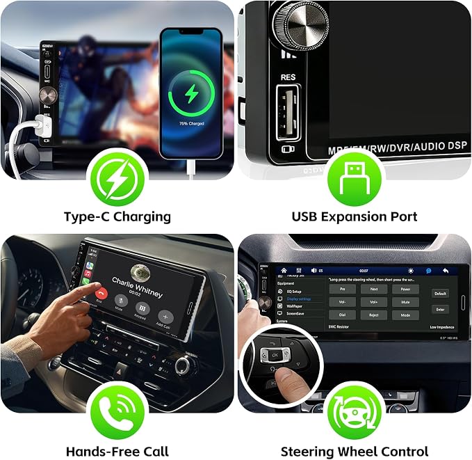 Single Din Radio Car Stereo with Wireless Carplay & Android Auto, 6.9" IPS Touchscreen Car Stereo with Bluetooth 1080P Backup Camera Mirror Link Navigation AM/FM Type-C Fast Charging USB EQ SWC Mic