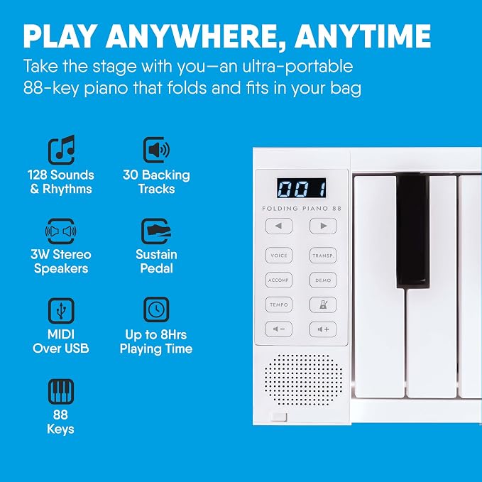 Blackstar Carry-on White 88 Keys USB MIDI Controller for Portable Folding Digital Piano with Rechargeable Battery