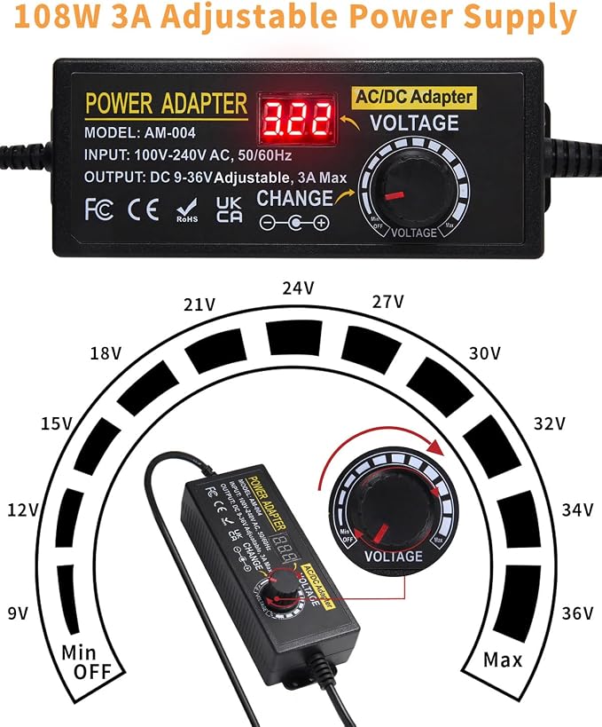 108W Universal Power Supply 9V 12V 14V 15V 16V 18V 19V 20V 24V 30V 36V Adjustable Variable AC/DC Adapter with Voltage Displays, 100V-240V AC to DC 9V~36V Converter 0.5A 1A 1.2A 1.5A 2A 2.5A 3A Max
