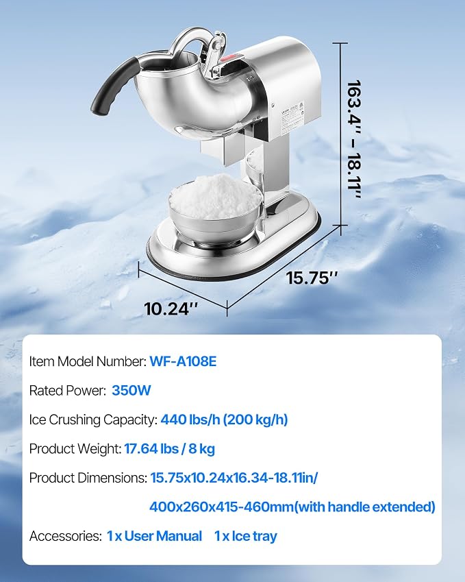 VEVOR Ice Crusher Machine, 440lbs Per Hour Electric 4 Blades Snow Cone Maker, All Stainless Steel Shaved Ice Machine with Bowl and Cover, 350W 1400RPM Ice-Shaver for Home and Commercial Use, Silver