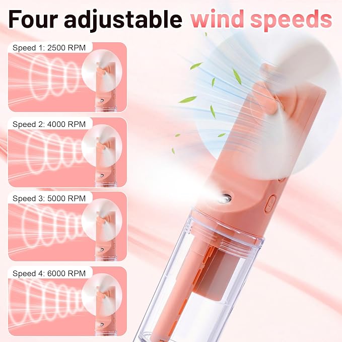 6 Pack Portable Misting Fan Handheld Rechargeable Fan Mini Battery Operated Fans with 4 Speeds Water Mist for Women Men Home Office Travel Makeup Outdoor(Pink)