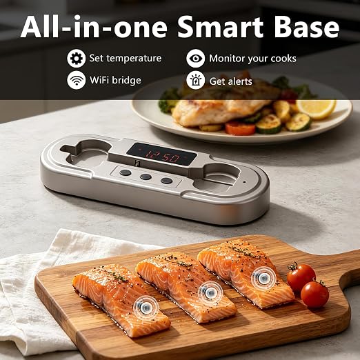 Wireless Meat Thermometer, Digital Cooking Thermometer with Smart Display Base, NIST-Certified 6-Sensor Precision, Sub-1G Connectivity, IPX8 Waterproof, App-Controlled for BBQ, Grills, Ovens, Smokers