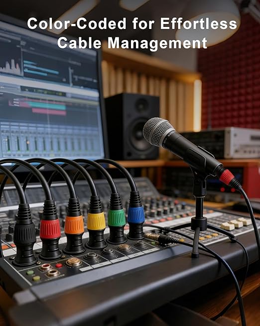 6 Pack 25ft Color-Coded XLR Cables (Male to Female), OFC Microphone Cable for Recording Mixer, Amplifier, Podcast, Stage & Studio Pro Audio Equipment