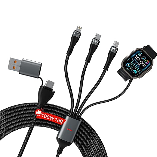 100w 10ft 4-in-1 Multi Charging Cable for Apple Watch - Braided Long Fast Charger Cord with Magnetic Apple Watch Charger, USB-C, Lightning & Micro USB for iWatch, iPhone, iPad, Android, Tablet, Laptop