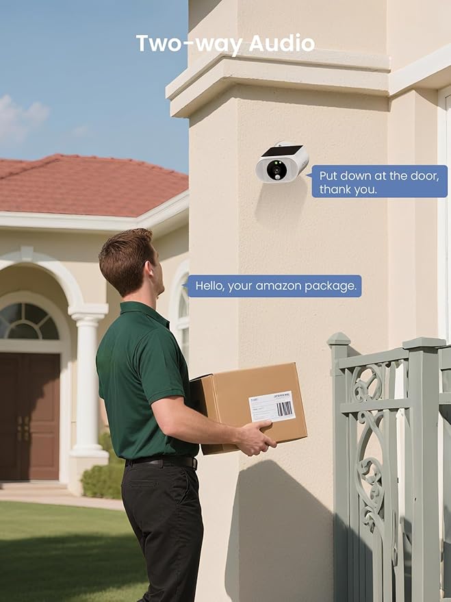 Solar Security Camera, Wireless Security Camera Outdoor, 2K with Integrated Solar Panel, Night Vision, Continuous Power, 2.4/5 GHz Wi-Fi, for Surveillance, Compatible with Alexa