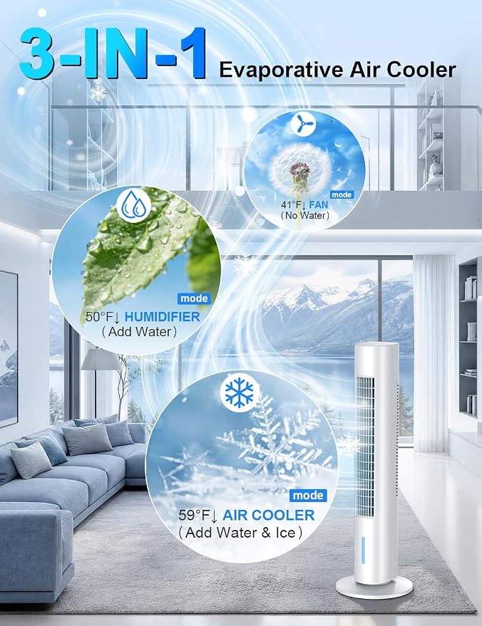 Windowless Portable Air Conditioners, 35" Evaporative Air Cooler w/3 Speeds&3 Modes, 25ft Remote&Smart Timer, 120°Oscillating Portable AC Unit, Swamp Cooler Air Conditioner for Bedroom Indoor