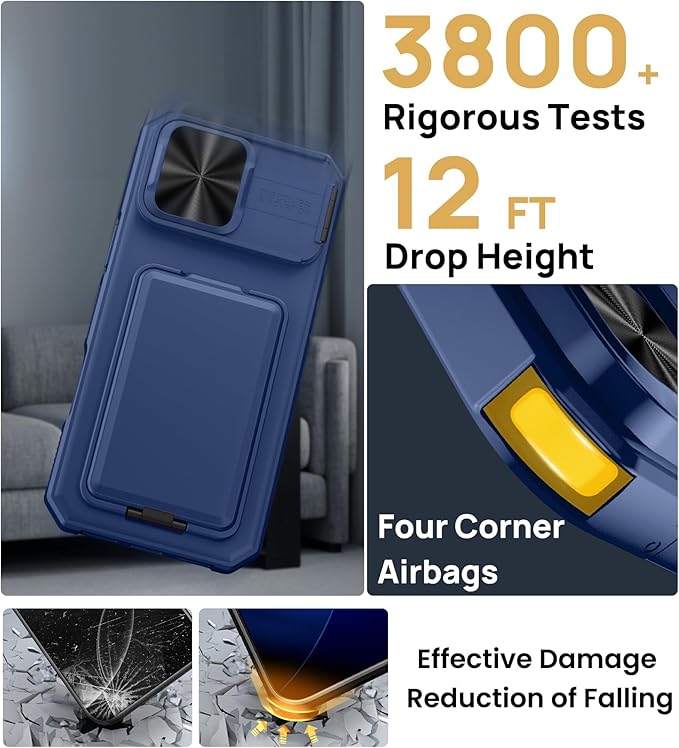 SSLOTSCASE for iPhone 17 Pro Case with Stand & Credit Card Holder & Sliding Camera Cover & Camera Stand & Wallet, Rugged Silicone Edge Protective Phone Case Cover for iPhone 17 Pro 6.3'' 5G 2025, Blue