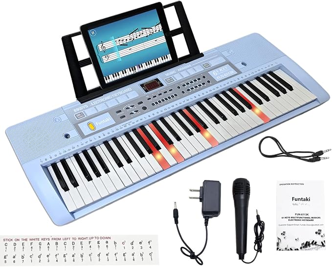 61 Key Electronic Keyboard Piano with Lighted Up Keys, Musical Mini Keyboard Piano with keyboard stand, Digital Portable Synthesizer Keyboards for Beginners Kids Adults (Blue)