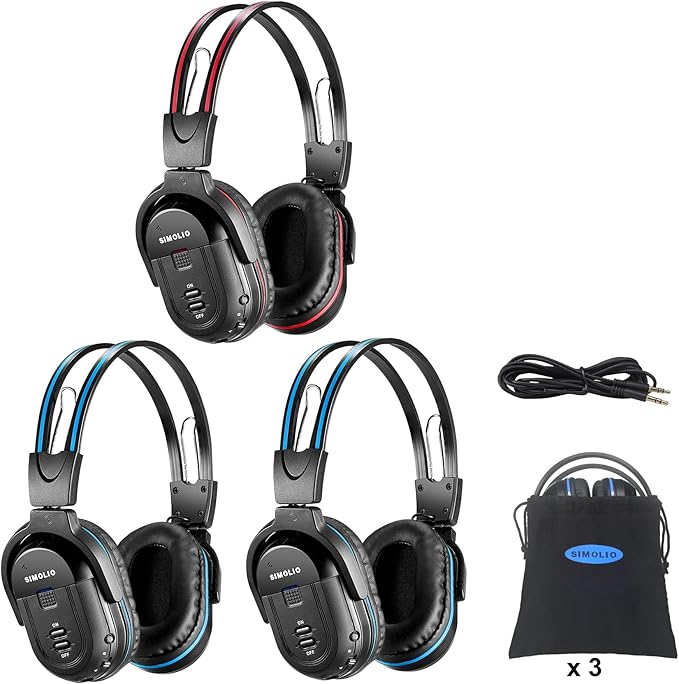 SIMOLIO Infrared Headphones for Car DVD, Not Bluetooth, Universal 2 Channel IR Headphones for Honda Odyssey, uConnect Chrysler Pacifica, Town & Country, GMC Yukon, Wireless Headsets for TV, 3 Pack