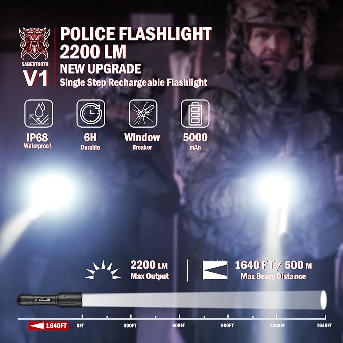 SABERTOOTH 2200 High Lumens Tactical Police Flashlight with Duty Belt Holster, Professional Law Enforcement Flashlight for Work, Camping, Outdoor & Self Defense