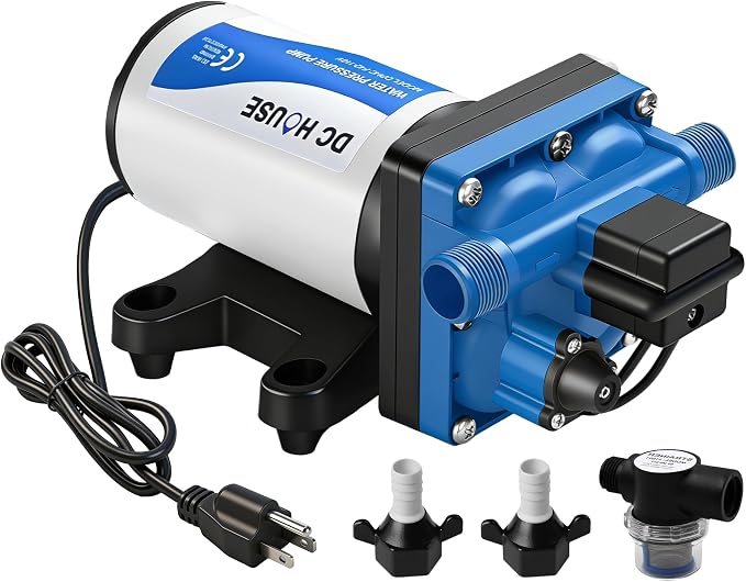 DC HOUSE 110V Camper Water Diaphragm Pump with Power Plug 42-Series 5.5GPM 70PSI High Pressure On Demand Self Priming Water Booster Pump for Kitchen Bathroom RV Garden Hose Rain Barrel Sprinkler