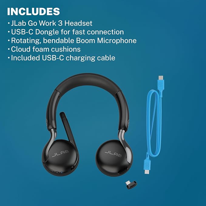 JLab, Go Work Gen 3, Wireless Headset, Boom Microphone, Noise Cancelling Mic, USB-C Dongle, Bluetooth Multipoint, Black