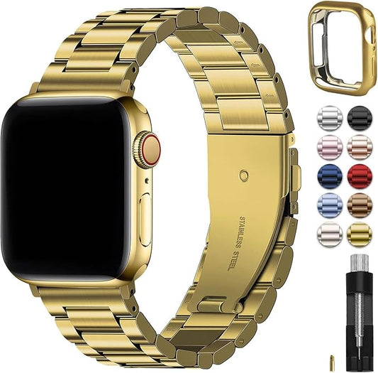 Fullmosa Metal Band Compatible with Apple Watch Bands Series 11 10 42mm, Stainless Steel Strap iWatch Band with Case for Apple Watch, Golden