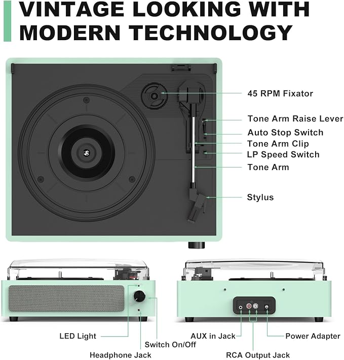 Record Player with Speakers Turntable for Vinyls Records Belt-Driven Turntables LP Vinyl Players Support Auto Stop 3-Speed 3 Size Wireless Playback Headphone AUX RCA Line Out New Sleek Mint Green