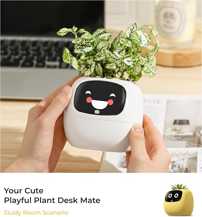 PLANTSIO Ivy AI Smart Planter Intelligent Flower Pot for Home Decoration Plants Companion Neat Desk Setup Gift Pet Planter Robot Guidance on Plant Care with Emojis (Ivory)