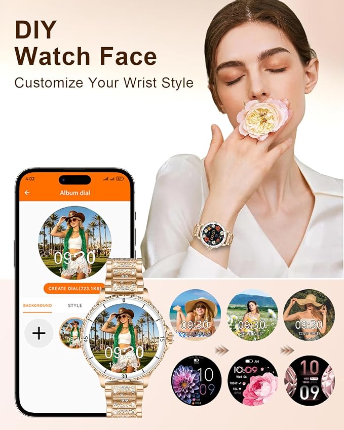 Smart Watches for Women, 1.27" HD Smartwatch with Diamond Strap Compatible Android/iOS, Answer/Make Call, IP68 Waterproof Fitness Tracker with SpO2, Sleep Monitor, 120+ Sport Models, Rosegold