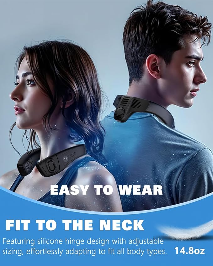 Neck Fan 5200mAh Portable Neck Air Conditioner with Cooling Plate | Features 6 adjustable levels and 360° airflow. Fast cooling rechargeable wearable personal fan for men and women.