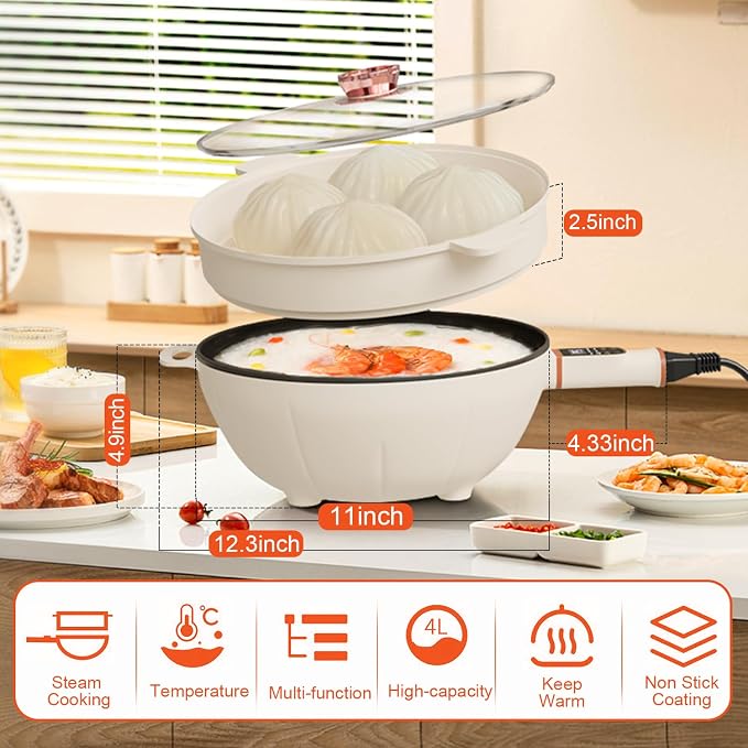 4L Electric Skillet 1000W Electric Cooker with Non-Stick Coating & Steamer, Timer & Schedule Cooking Settings, 12" Large Electric Hot Pot with Lid for Soup, Pasta, Frying, Stir-Fry