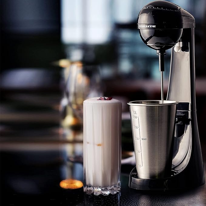 OVENTE Classic Milkshake Maker Machine with 2 Speed Setting, Safety Lock & 15.2 Ounce Stainless Steel Mixing Cup & Rod, Electric Drink Mixer Ideal for Malted Milk, Protein Shakes & More, Black MS2070B