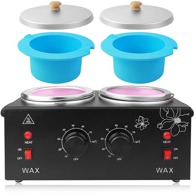 Portable Wax Warmer Machine for Painless Hair Removal, Women Men Professional Wax Heater with Adjustable Temperature Set, 40pcs Sticks, 2 Silicone Bowls (Black - Double Pots)