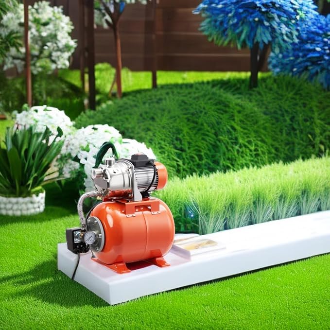 GarveeTech 1HP Shallow Well Pump With Pressure Tank, Stainless Steel Water Transfer Pump, 115V Water Pump With Automatic Pressure Switch, Electric Utility Pump for Garden, Pool, Well, Irrigation