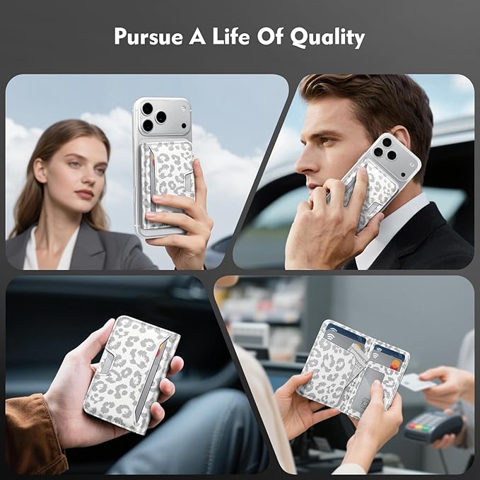 Antsturdy for Magsafe Wallet Stand with Holder,PU Leather RFID Blocking Card Holder,5 Card Slots,Strong Magnet Minimalist Flip Kickstand for iPhone 17/16/15/14/13/12/Pro/Max/Plus/Air,Leopard-White