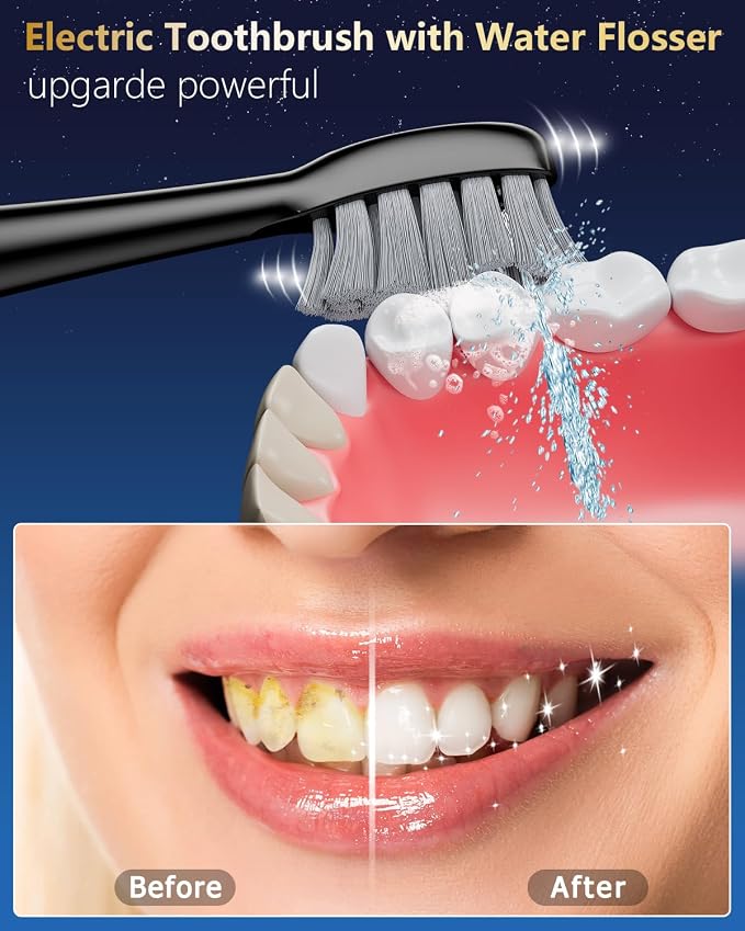 Electric Toothbrush with Water Flosser Combo, Professional Oral Care with 3 Brush Modes & 5 Water Pressure, Rechargeable Flossing Toothbrush for Adults Teeth Cleaning, Cordless for Home&Travel, Black